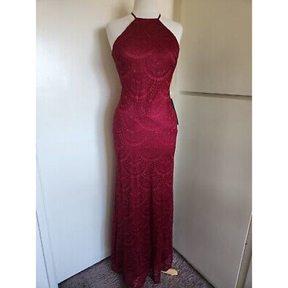 MSRP $168 NWT My Michelle Merlot Mermaid Lace Glitter Halter Back Gown, Size 3 - Picture 2 of 7
